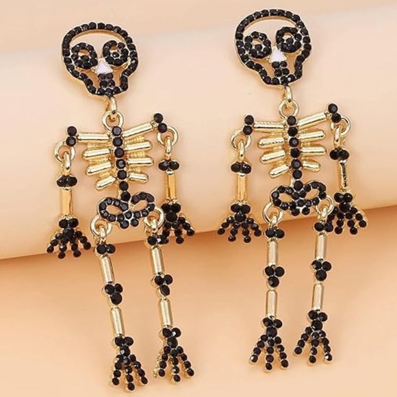Jointed Skeleton Black Rhinestone Big Chandelier Earrings Gold Crystal - Picture 2 of 4